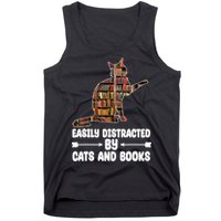 Easily Distracted By Cats And Books Funny Cat Lover Tank Top