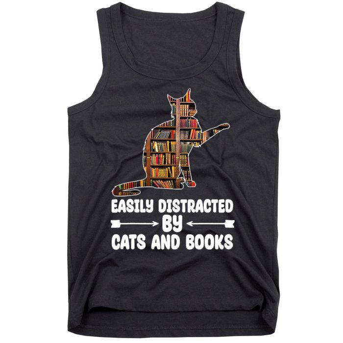 Easily Distracted By Cats And Books Funny Cat Lover Tank Top
