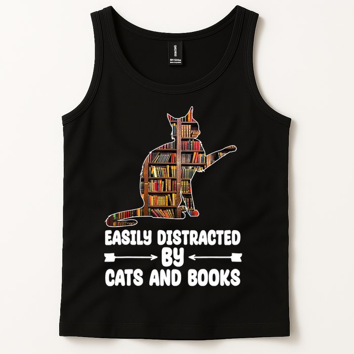 Easily Distracted By Cats And Books Funny Cat Lover Tank Top