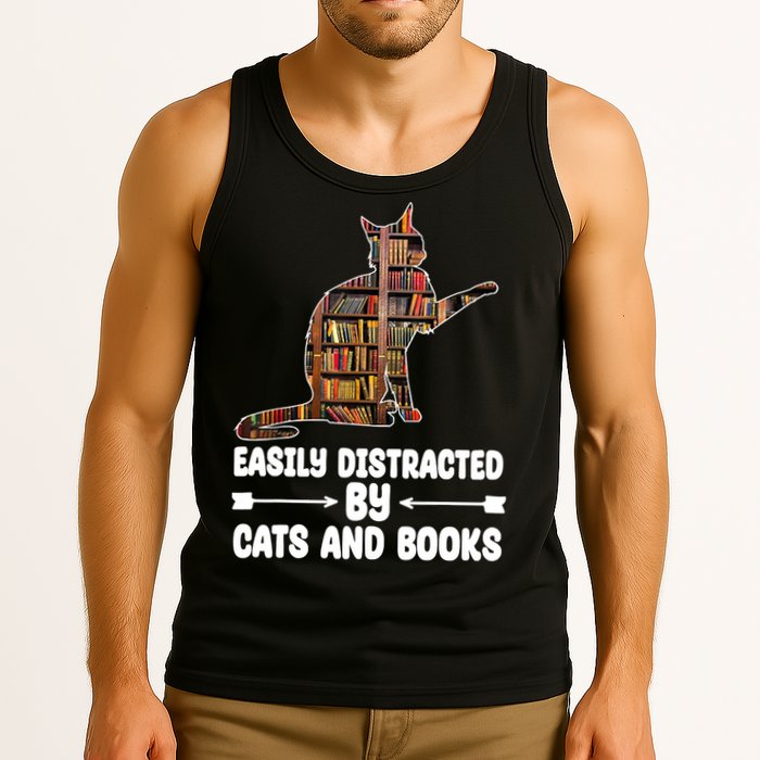 Easily Distracted By Cats And Books Funny Cat Lover Tank Top