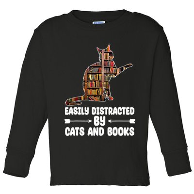Easily Distracted By Cats And Books Funny Cat Lover Toddler Long Sleeve Shirt