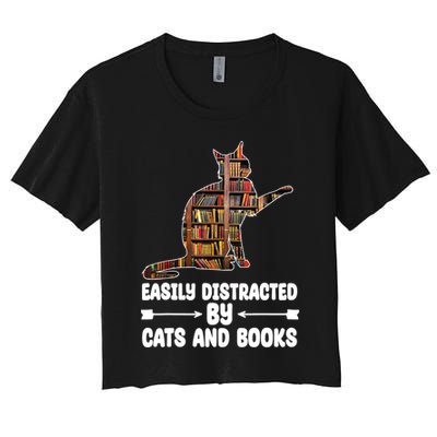 Easily Distracted By Cats And Books Funny Cat Lover Crop Top
