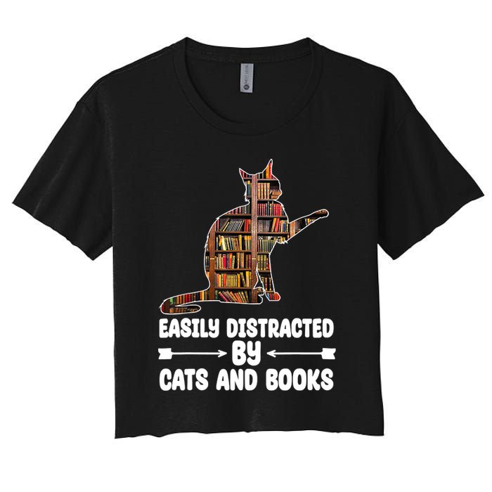 Easily Distracted By Cats And Books Funny Cat Lover Crop Top