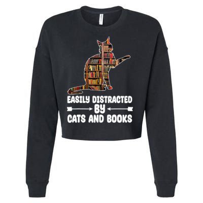 Easily Distracted By Cats And Books Funny Cat Lover Cropped Pullover Crew