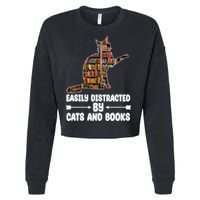 Easily Distracted By Cats And Books Funny Cat Lover Cropped Pullover Crew