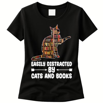 Easily Distracted By Cats And Books Funny Cat Lover Womens T-Shirt
