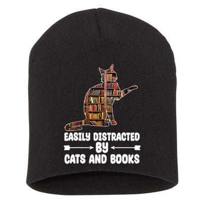 Easily Distracted By Cats And Books Funny Cat Lover Short Acrylic Beanie
