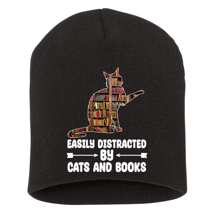 Easily Distracted By Cats And Books Funny Cat Lover Short Acrylic Beanie