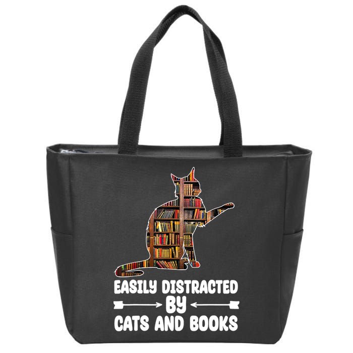 Easily Distracted By Cats And Books Funny Cat Lover Zip Tote Bag