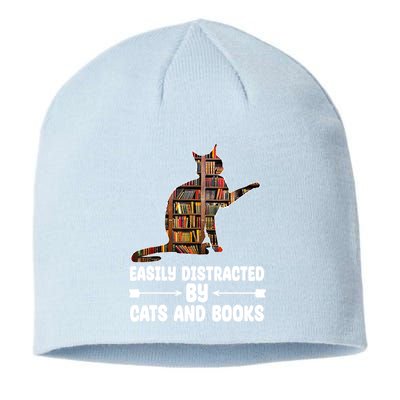 Easily Distracted By Cats And Books Funny Cat Lover Sustainable Beanie