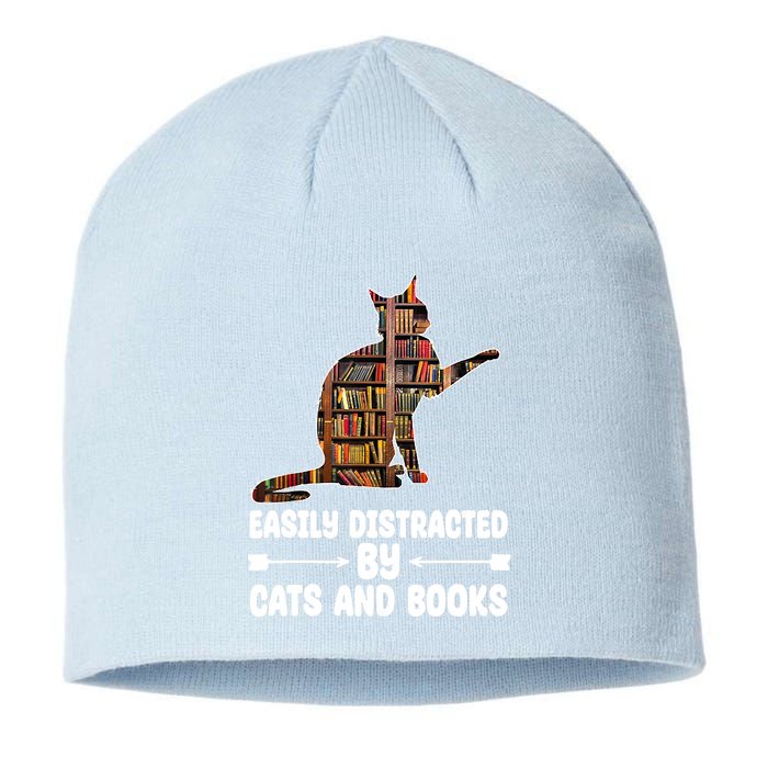Easily Distracted By Cats And Books Funny Cat Lover Sustainable Beanie