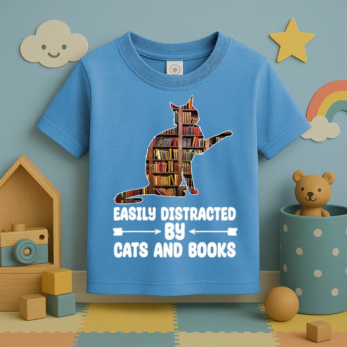 Easily Distracted By Cats And Books Funny Cat Lover Toddler T-Shirt