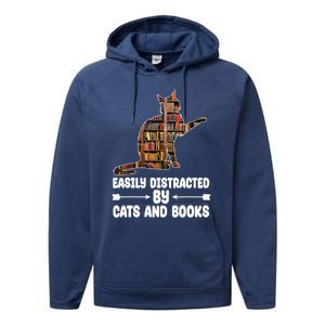 Easily Distracted By Cats And Books Funny Cat Lover Performance Fleece Hoodie