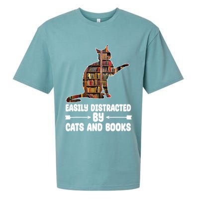 Easily Distracted By Cats And Books Funny Cat Lover Sueded Cloud Jersey T-Shirt