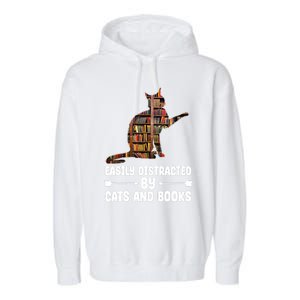 Easily Distracted By Cats And Books Funny Cat Lover Garment-Dyed Fleece Hoodie