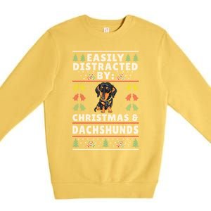 Easily Distracted By Christmas And Dogs Christmas Dachshund Funny Gift Premium Crewneck Sweatshirt