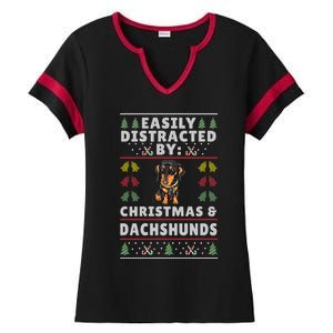 Easily Distracted By Christmas And Dogs Christmas Dachshund Funny Gift Ladies Halftime Notch Neck Tee