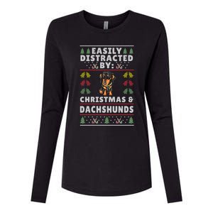 Easily Distracted By Christmas And Dogs Christmas Dachshund Funny Gift Womens Cotton Relaxed Long Sleeve T-Shirt