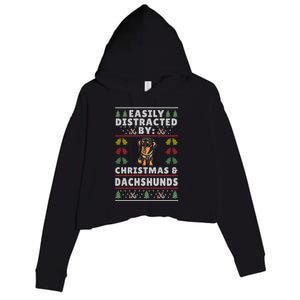 Easily Distracted By Christmas And Dogs Christmas Dachshund Funny Gift Crop Fleece Hoodie