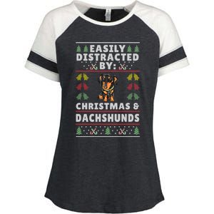 Easily Distracted By Christmas And Dogs Christmas Dachshund Funny Gift Enza Ladies Jersey Colorblock Tee