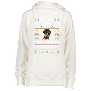 Easily Distracted By Christmas And Dogs Christmas Dachshund Funny Gift Womens Funnel Neck Pullover Hood