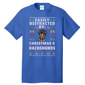 Easily Distracted By Christmas And Dogs Christmas Dachshund Funny Gift Tall T-Shirt