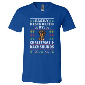 Easily Distracted By Christmas And Dogs Christmas Dachshund Funny Gift V-Neck T-Shirt