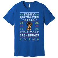 Easily Distracted By Christmas And Dogs Christmas Dachshund Funny Gift Premium T-Shirt