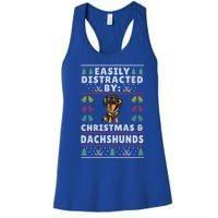 Easily Distracted By Christmas And Dogs Christmas Dachshund Funny Gift Women's Racerback Tank