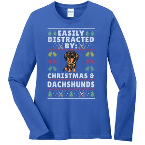 Easily Distracted By Christmas And Dogs Christmas Dachshund Funny Gift Ladies Long Sleeve Shirt