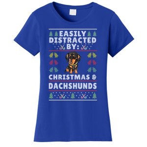 Easily Distracted By Christmas And Dogs Christmas Dachshund Funny Gift Women's T-Shirt