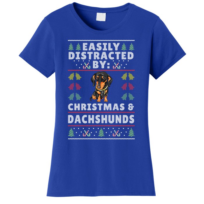 Easily Distracted By Christmas And Dogs Christmas Dachshund Funny Gift Women's T-Shirt