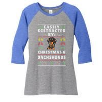 Easily Distracted By Christmas And Dogs Christmas Dachshund Funny Gift Women's Tri-Blend 3/4-Sleeve Raglan Shirt