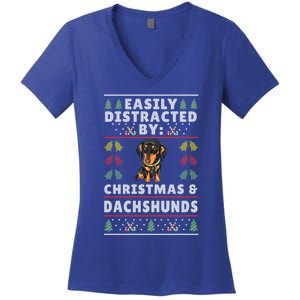 Easily Distracted By Christmas And Dogs Christmas Dachshund Funny Gift Women's V-Neck T-Shirt