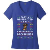 Easily Distracted By Christmas And Dogs Christmas Dachshund Funny Gift Women's V-Neck T-Shirt