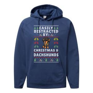 Easily Distracted By Christmas And Dogs Christmas Dachshund Funny Gift Performance Fleece Hoodie