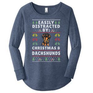 Easily Distracted By Christmas And Dogs Christmas Dachshund Funny Gift Women's Perfect Tri Tunic Long Sleeve Shirt