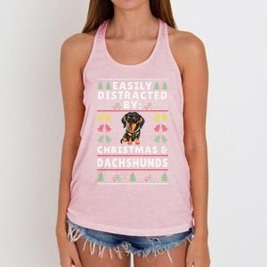 Easily Distracted By Christmas And Dogs Christmas Dachshund Funny Gift Women's Knotted Racerback Tank