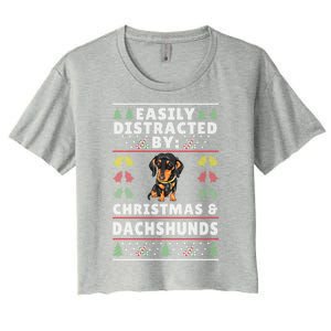 Easily Distracted By Christmas And Dogs Christmas Dachshund Funny Gift Women's Crop Top Tee