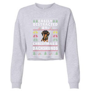 Easily Distracted By Christmas And Dogs Christmas Dachshund Funny Gift Cropped Pullover Crew