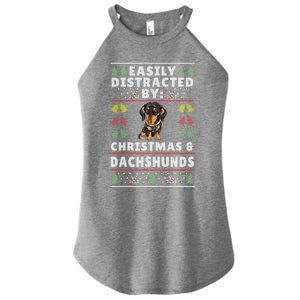 Easily Distracted By Christmas And Dogs Christmas Dachshund Funny Gift Women's Perfect Tri Rocker Tank