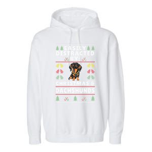 Easily Distracted By Christmas And Dogs Christmas Dachshund Funny Gift Garment-Dyed Fleece Hoodie