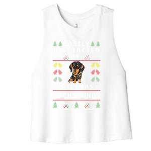 Easily Distracted By Christmas And Dogs Christmas Dachshund Funny Gift Women's Racerback Cropped Tank