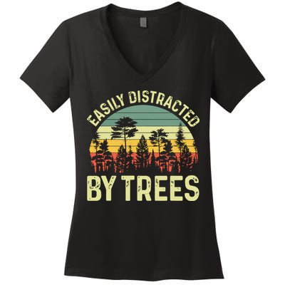 Easily Distracted By Trees Funny Tree Planting Trees Women's V-Neck T-Shirt
