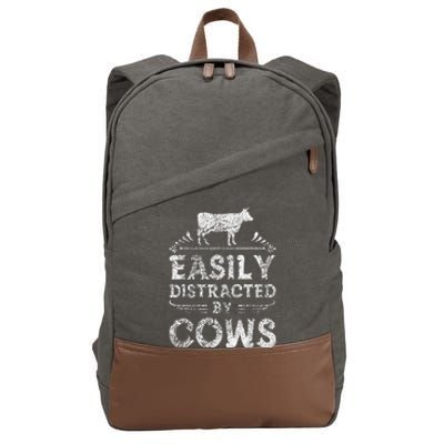 Easily Distracted By Cows Funny Cow Farmer Gifts Cotton Canvas Backpack