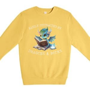 Easily Distracted By Dragons And Books Introvert Funny Meaningful Gift Premium Crewneck Sweatshirt