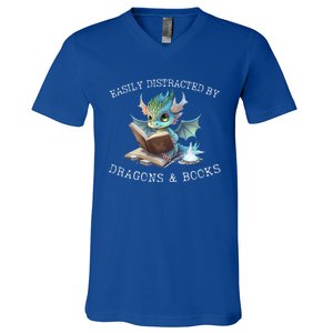 Easily Distracted By Dragons And Books Introvert Funny Meaningful Gift V-Neck T-Shirt