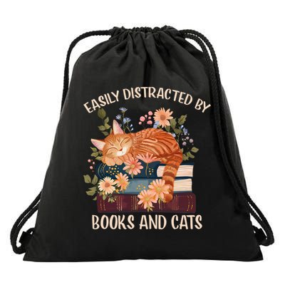 Easily Distracted By Cats And Books Funny Bookworm Cat Reading Gift Drawstring Bag