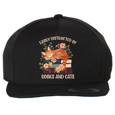 Easily Distracted By Cats And Books Funny Bookworm Cat Reading Gift Wool Snapback Cap