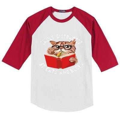 Easily Distracted by Cats and Books - Funny Cat & Book Lover Kids Colorblock Raglan Jersey